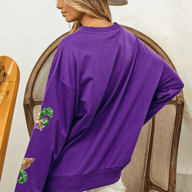 Fleur De Lis Sequin Patches Mardi Gras Pullover - Mardi Gras Apparel - Adult, Gold, Green -