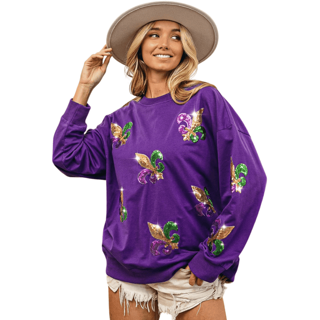 Fleur De Lis Sequin Patches Mardi Gras Pullover - Mardi Gras Apparel - Adult, Gold, Green -