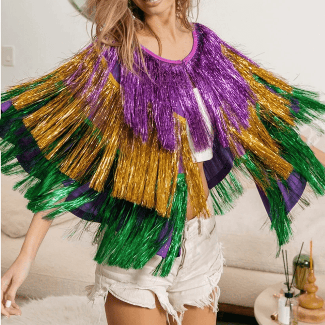 Ladies Mardi Gras Metallic Tinsel Pancho - Mardi Gras Apparel - Adult, Gold, Green -