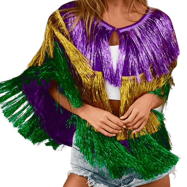 Ladies Mardi Gras Metallic Tinsel Pancho - Mardi Gras Apparel - Adult, Gold, Green -