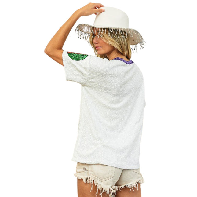 Mardi Gras White Sequin Smiley Patches Sequin Top - Mardi Gras Apparel - Adult, Front Design, Ladies -
