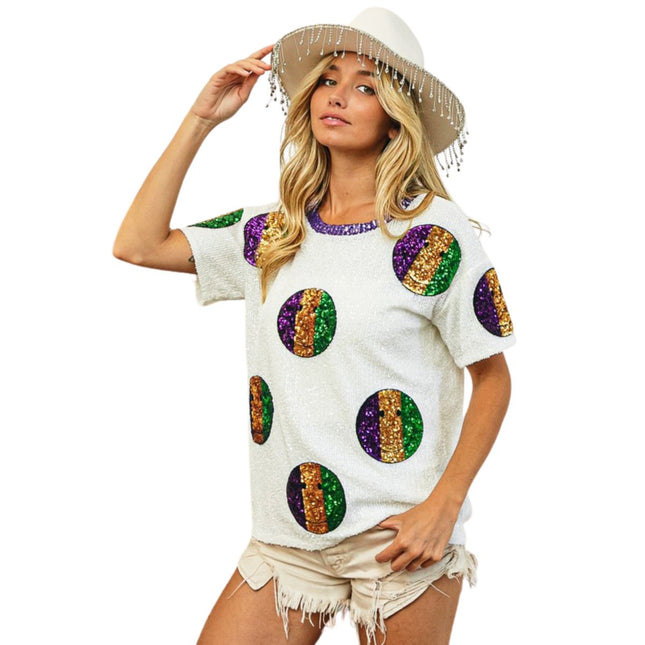 Mardi Gras White Sequin Smiley Patches Sequin Top - Mardi Gras Apparel - Adult, Front Design, Ladies -