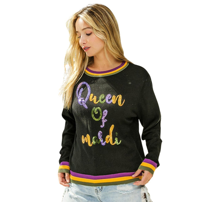 Queen of Mardi Sequin Lettering Mardi Gras Black Top - Mardi Gras Apparel - Adult, Black, Front Design -