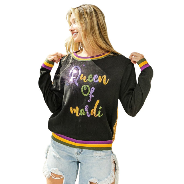 Queen of Mardi Sequin Lettering Mardi Gras Black Top - Mardi Gras Apparel - Adult, Black, Front Design -