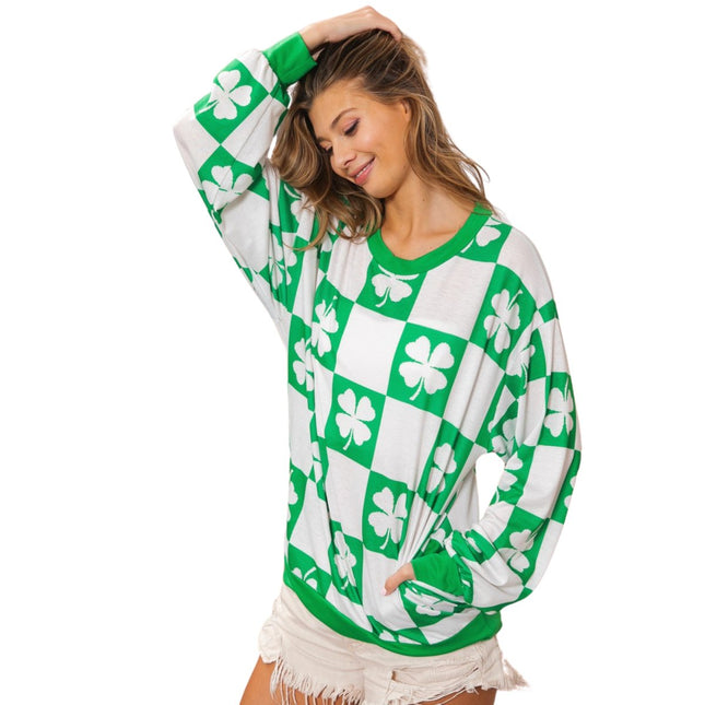 Clover Checker Print Double Pocket Sweatshirt - Mardi Gras Apparel - Adult, Green, Ladies -