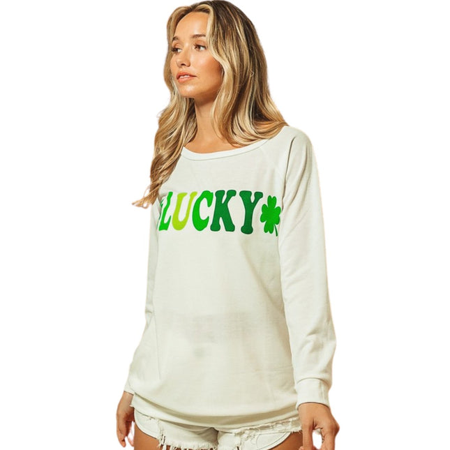French Terry Knit Lucky Graphic Pullover Top - Mardi Gras Apparel - Adult, Green, Ladies -