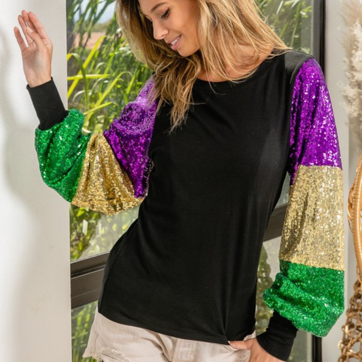 Ladies Mardi Gras Color Block Sequins Sleeve Black Knit Top - Mardi Gras Apparel