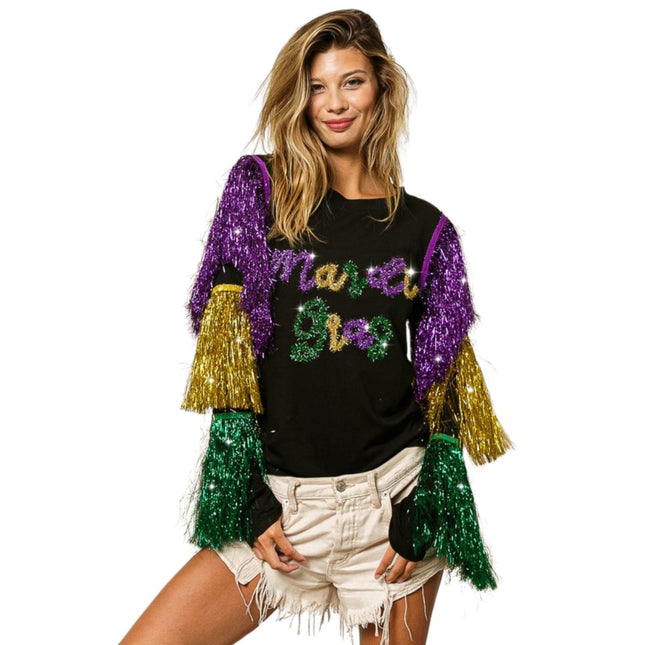 Mardi Gras Black Top With Colorful Tiered Tinsel Fringe - Mardi Gras Apparel - Adult, Front Design, Gold -
