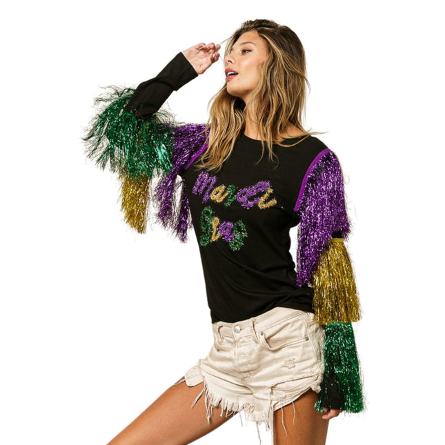 Mardi Gras Black Top With Colorful Tiered Tinsel Fringe - Mardi Gras Apparel - Adult, Front Design, Gold -