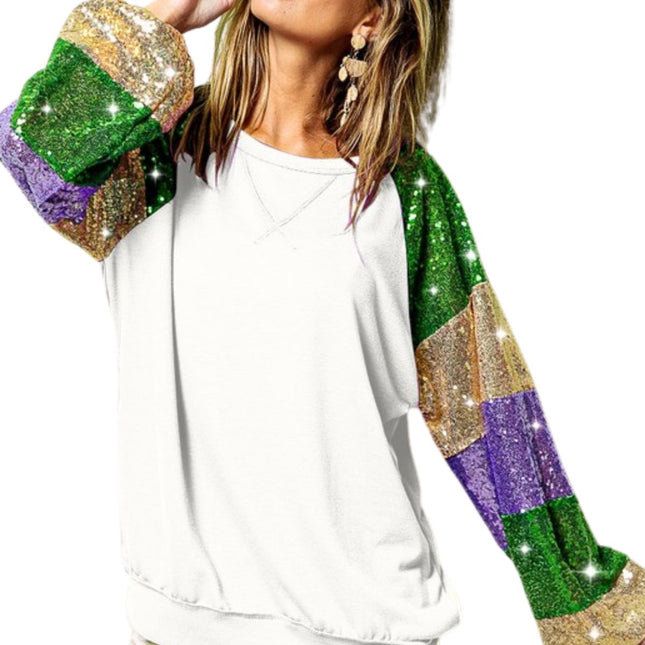 Mardi Gras Ladies White Sequins Color Block Sleeves Top - Mardi Gras Apparel - Adult, Black, Gold -