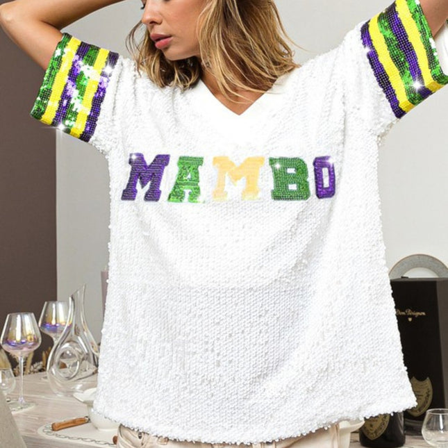 Mardi Gras Mambo Sequin V - Neck White Top - Mardi Gras Apparel - Adult, Front Design, Gold -