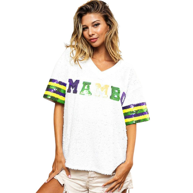 Mardi Gras Mambo Sequin V - Neck White Top - Mardi Gras Apparel - Adult, Front Design, Gold -