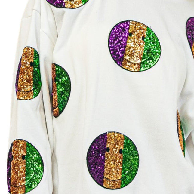 Mardi Gras Smiley Sequin Patches Sweatshirt - Mardi Gras Apparel - Adult, Ladies, Long Sleeve -