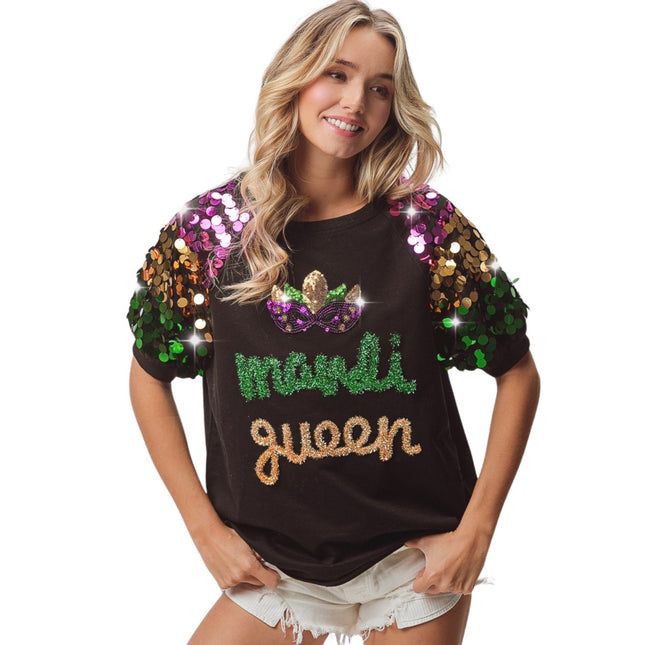 Mardi Queen Sequin Mask Patch Spangled Sleeve Top - Mardi Gras Apparel - Adult, Black, Green -