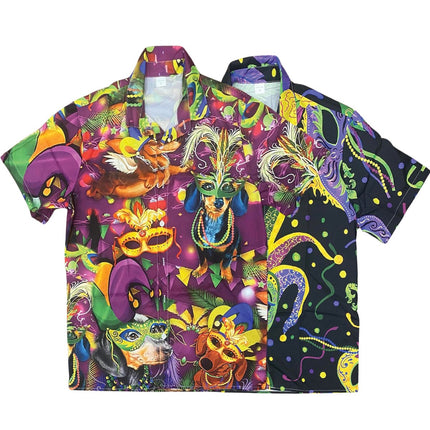 Mardi Gras button-up shirts with colorful masquerade and carnival designs, featuring vibrant prints and festive patterns for a stylish celebration.