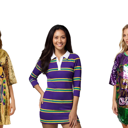 Three Mardi Gras dresses—one gold sequin dress with a carnival mask design, a purple and gold striped rugby polo dress, and a purple sequin dress with Mardi Gras lettering. Perfect for festive celebrations and parades.