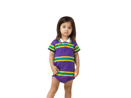 Infant Mardi Gras onesies and rugby polo rompers in purple, green, and gold.