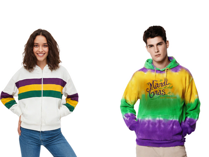 Mardi Gras Hoodies – White striped zip-up hoodie and tie-dye pullover hoodie in purple, green, and gold.