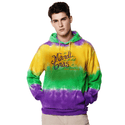 Mardi Gras Hoodies – White striped zip-up hoodie and tie-dye pullover hoodie in purple, green, and gold.