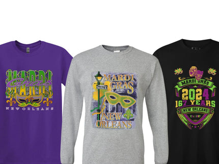 Mardi Gras T-Shirts Collection – Long Sleeve & Short Sleeve in festive New Orleans designs featuring bold graphics and traditional colors.