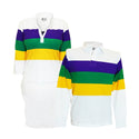 Mardi Gras striped rugby polos in purple, green, and gold for men and women, featuring classic festive styles.