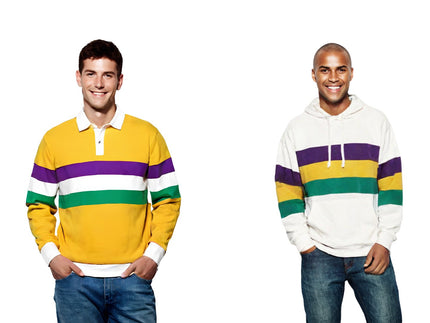 Two men wearing Mardi Gras-themed apparel—one in a yellow rugby polo and the other in a white hoodie with purple, green, and gold stripes. Perfect for festive celebrations and parades.