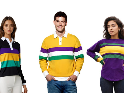 Mardi Gras Paneled Shirts – Striped long-sleeve rugby polos and color block tops in purple, green, and gold, perfect for festive celebrations.