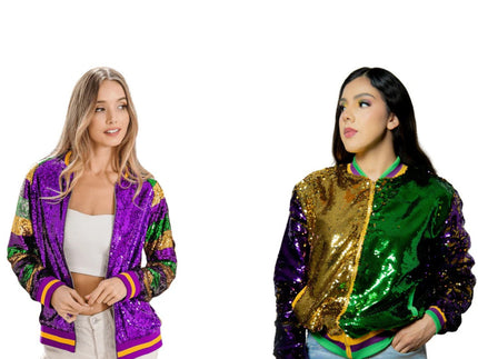 Mardi Gras Sequin Bomber Jackets in purple, green, and gold with dazzling sparkle.