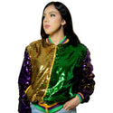 Mardi Gras Sequin Bomber Jackets in purple, green, and gold with dazzling sparkle.