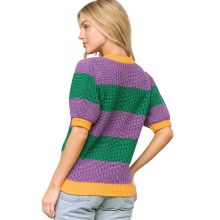 Mardi Gras Colorful Stripe Short Sleeve Pullover Sweater Top