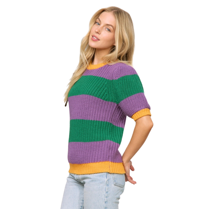 Mardi Gras Colorful Stripe Short Sleeve Pullover Sweater Top
