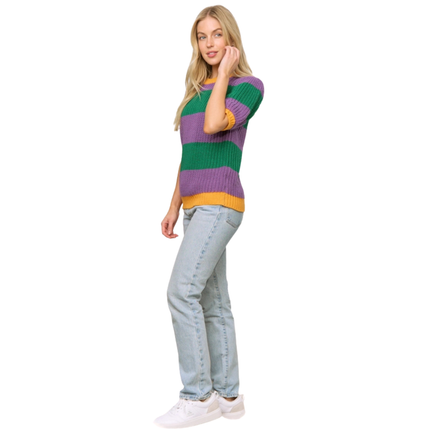Mardi Gras Colorful Stripe Short Sleeve Pullover Sweater Top