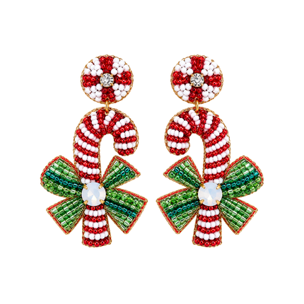 Beaded Candy Cane Bow Christmas Statement Earrings