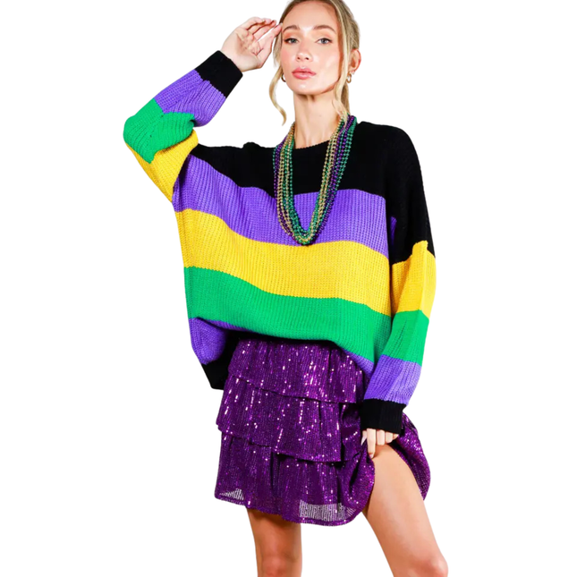 Mardi Gras Color Block Knitted Sweater Top