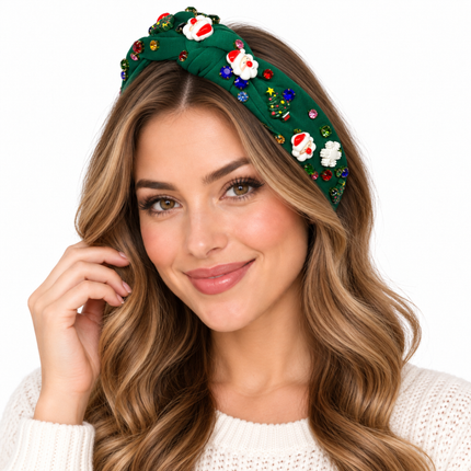 Christmas Embellished Knot Headband Green