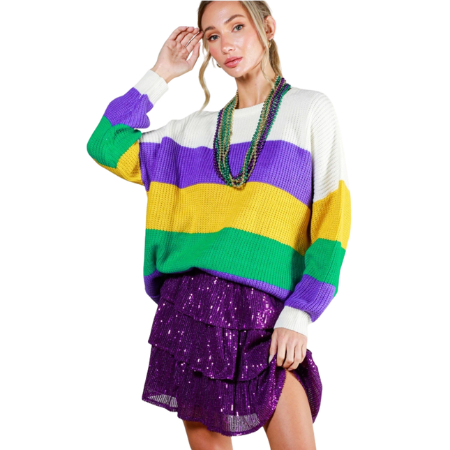 Mardi Gras Color Block Knitted Sweater Top