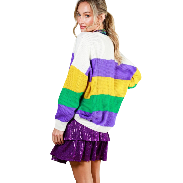 Mardi Gras Color Block Knitted Sweater Top