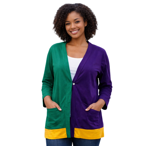 Mardi Gras Color Block Sweater Cardigan Purple Green Gold