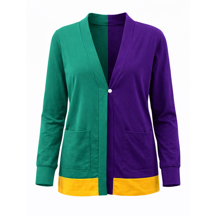 Mardi Gras Color Block Sweater Cardigan Purple Green Gold
