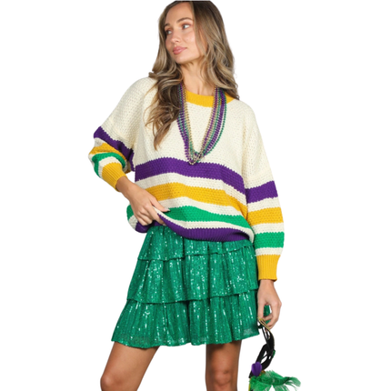 Crew Neck Textured Multi Stripe Mardi Gras Sweater