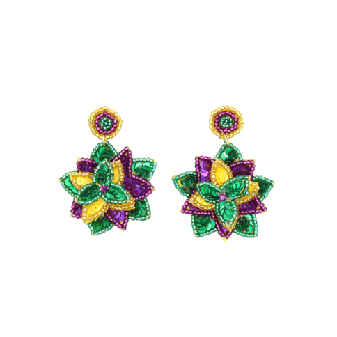 Mardi Gras Beaded Flower Earrings