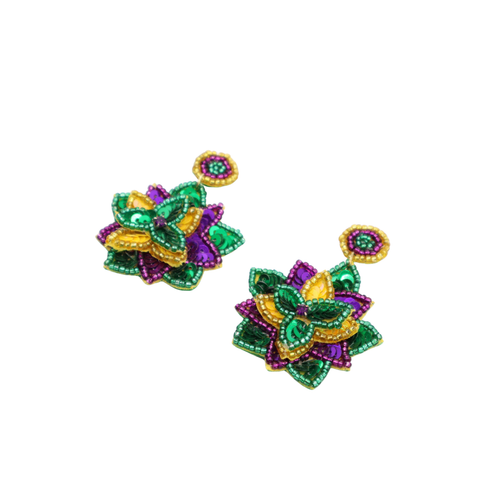 Mardi Gras Beaded Flower Earrings