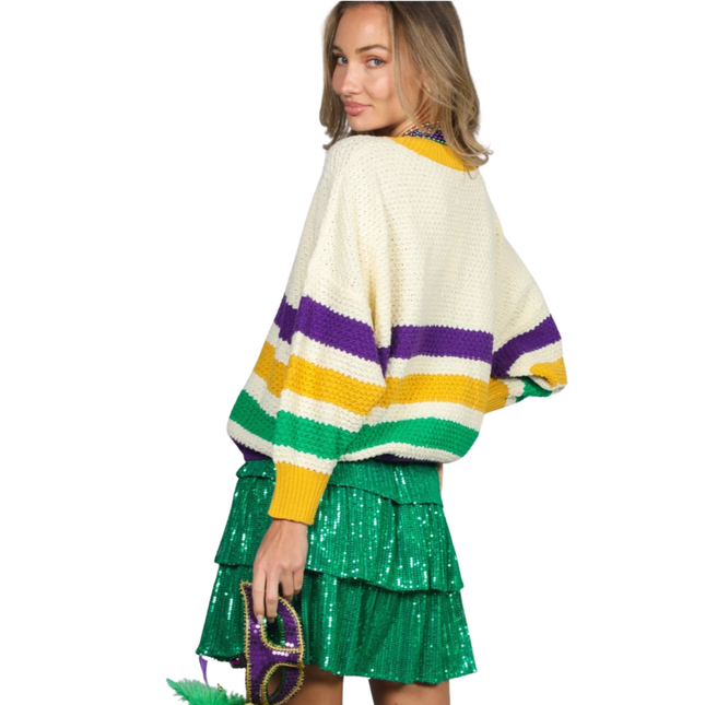 Crew Neck Textured Multi Stripe Mardi Gras Sweater