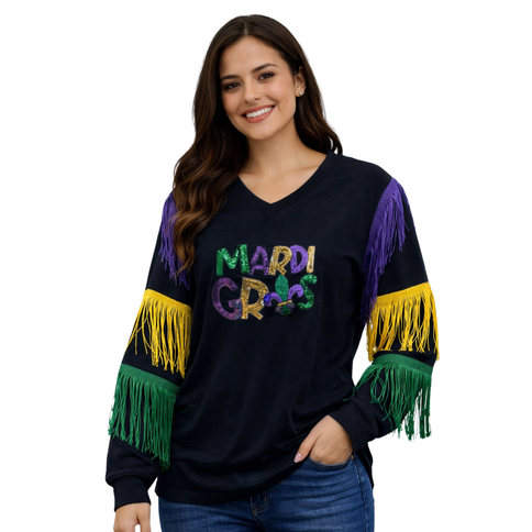 Mardi Gras Black Long Sleeve Fringe Tee