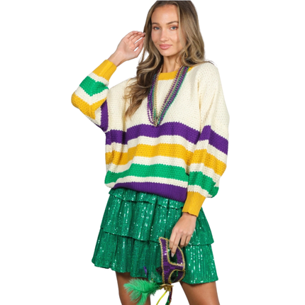 Crew Neck Textured Multi Stripe Mardi Gras Sweater