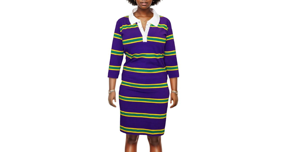 slim fit dress slacks Mardi Gras FLD Ladies Purple Dress with Yellow & Green Stripes