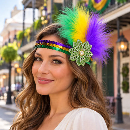 A woman wearing a festive Mardi Gras feather headband with green, yellow, and purple feathers, a purple and gold sequin band, and a beaded flower accent, set against a blurred street background.