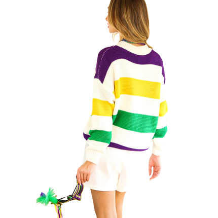 Mardi Gras Color Block Striped Sweater Top