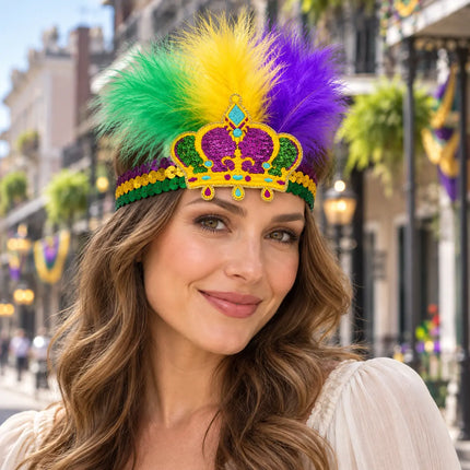 Mardi Gras Sequin Crown Feather Headband Purple, Green & Gold