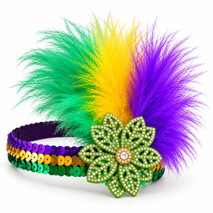 A festive Mardi Gras feathered headband with green, yellow, and purple feathers, a purple sequined band, and a large green sequined flower embellished with rhinestones.